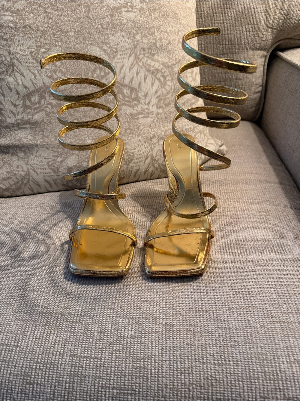 Zara Metallic Gold Spiral Wrap High-Heel Sandals